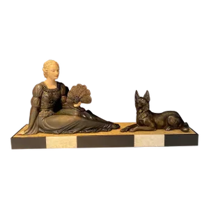 French Art Deco Sculpture of Lady With Fan and German Shepherd