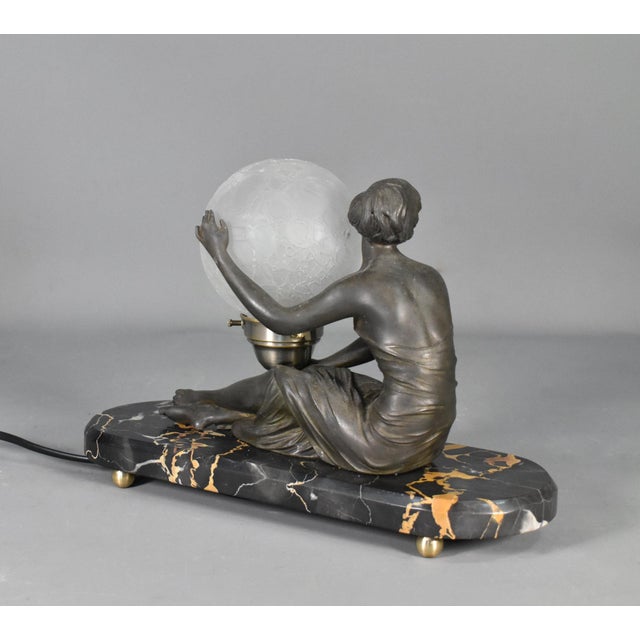 French Art Deco Lamp with Lady and Glass Globe Shade, 1920s For Sale - Image 6 of 16