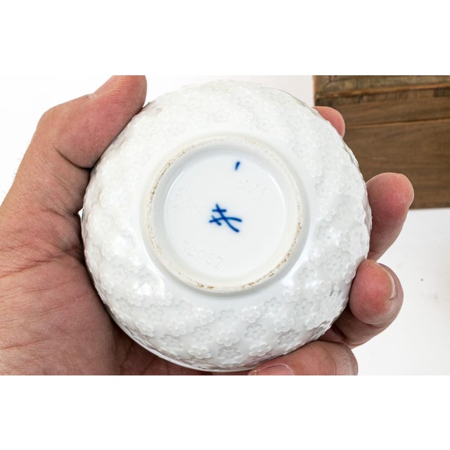 Meissen Porcelain Meissen Porcelain Trio - 1979 Snow Queen Plate, Blue Onion Cream Cup, and White Blossom Relief Bowl For Sale - Image 4 of 10