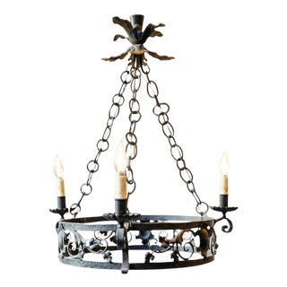 20th-Century French Wrought Iron Chandelier with Foliate Crown For Sale