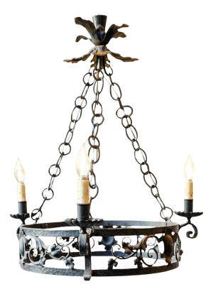 20th-Century French Wrought Iron Chandelier with Foliate Crown