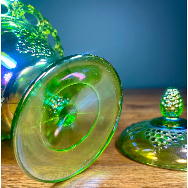 Light Green Colony Harvest Carnival Green Glass Footed Candy Dish & Lid For Sale - Image 8 of 8