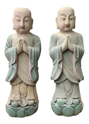 Pair Chinese Color Rustic Wood Standing Lohon Monk Statues