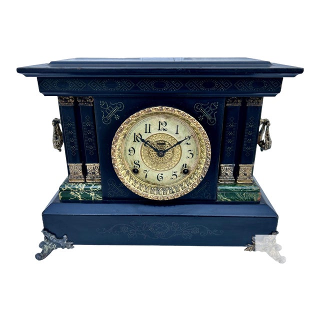 Antique E. Ingraham Adrian Mantle Clock Faux Green Marble Double Pillars W/Key For Sale