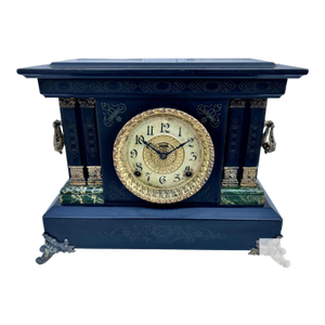Antique E. Ingraham Adrian Mantle Clock Faux Green Marble Double Pillars W/Key
