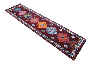 Turkish Runner Rug. Hand-Knotted Tribal Deep Pink Color Hallway Rug, Kitchen Decor - 3′ × 12′