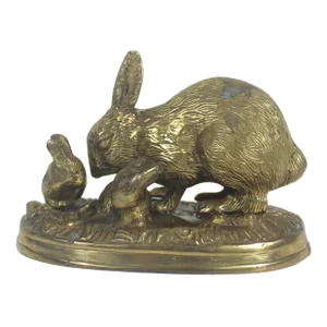 Vintage Brass Rabbit Mother Babies Bunny Brass Paperweight