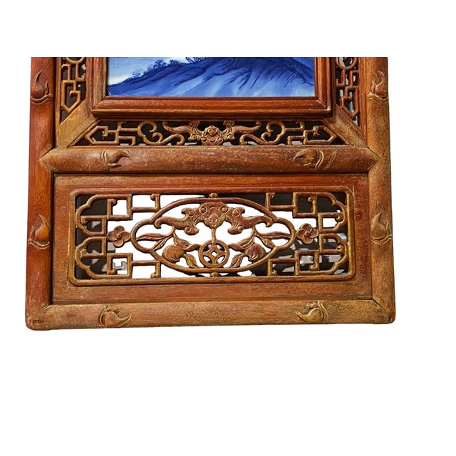 Vintage Lg Chinoiserie Blue and White Porcelain Wood Panel 49" H For Sale - Image 4 of 9