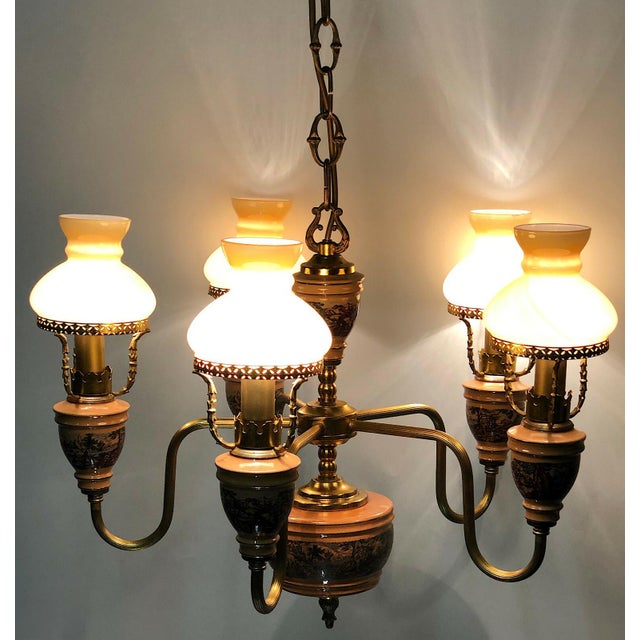 Antique Brass Ceramic Glass Five Lights Chandelier, 1930s For Sale - Image 8 of 9