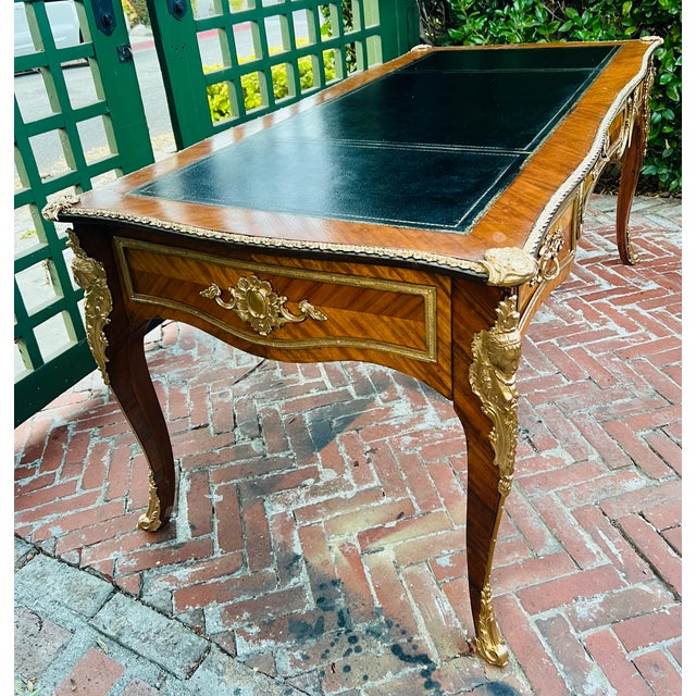 Mid 20th Century French Louis XV Bureau Plat Desk With Ormolu Mounts, Leather Top & Herringbone Parquetry Veneers For Sale In Los Angeles - Image 6 of 10