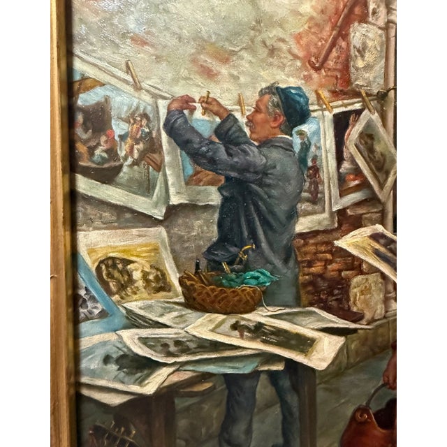 Brown Vintage a Tucker Venetian Street Artist Selling Art Realism Oil Painting on Wood For Sale - Image 8 of 14