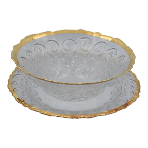 1980s Italian 3D Scrolled Gold Gilded Rimmed Serving Punch Salad Bowl & Platter Set