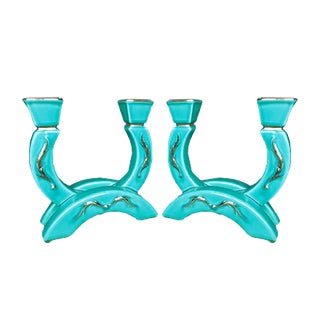 Turquoise Ceramic Candleholders with Gold Vines, 1930s, Set of 2 For Sale