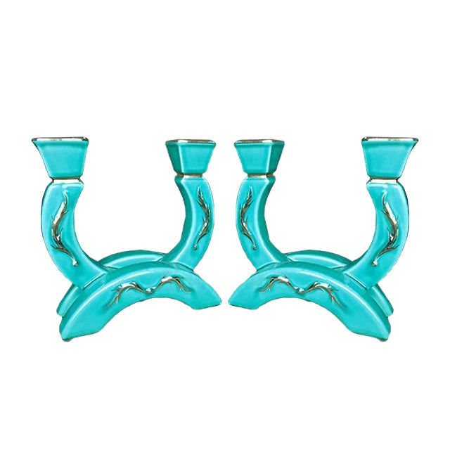 Turquoise Ceramic Candleholders with Gold Vines, 1930s, Set of 2 For Sale