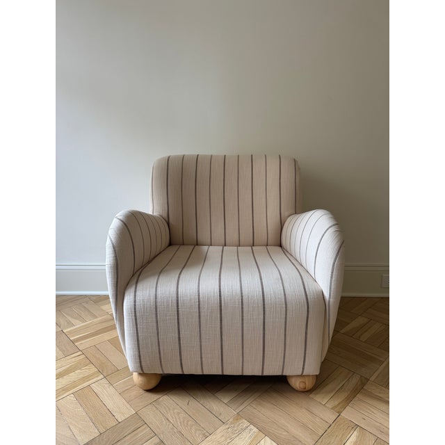 Mid-Century Made To Order Lounge Accent Chair. Solid Pine legs, 71% Cotton and 29% Linen Fabric, Natural Stripe Color....