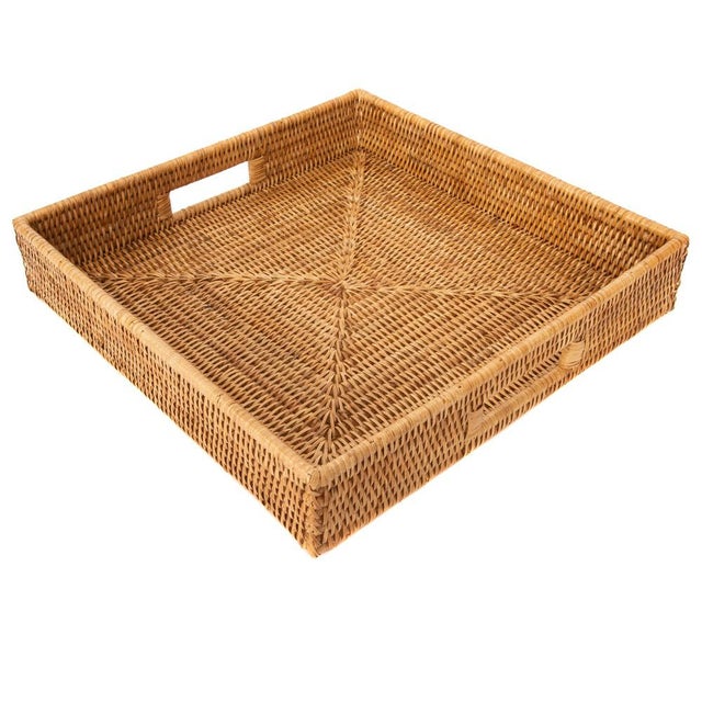 Artifacts Rattan Square Serving Tray with Cutout Handles in Honey Brown - 18" For Sale - Image 10 of 10