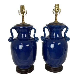 The Bradburn Gallery Cobalt Ceramic Lamp Pair For Sale