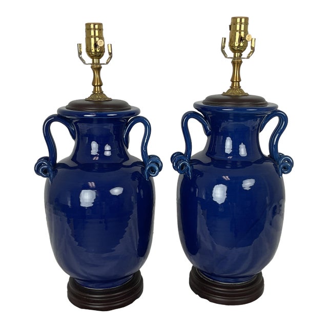 The Bradburn Gallery Cobalt Ceramic Lamp Pair For Sale
