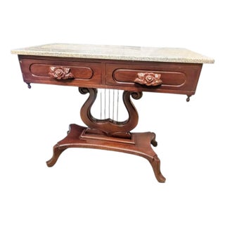 Vintage Victorian Lyre Base Foyer Console Table With Granite/Marble Top For Sale