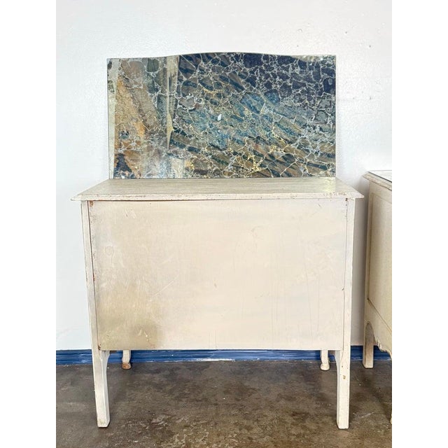 Early 20th Century Pair of Louis XV–Style Painted Chests With Antiqued Marbled-Foxed Mirror Tops For Sale - Image 10 of 17