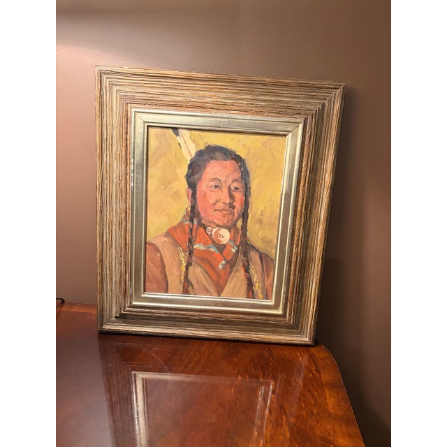 Oil painting of a Native American man wearing a shell necklace in the style of Nicolai Fechin and Robert Henri Presented...