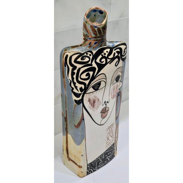 Alfajar Ceramica Spanish Hand Painted Modernist Face Sgraffito Stoneware Vase For Sale - Image 4 of 14