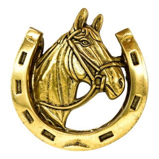 Vintage Brass Horse Head & Horseshoe Door Knocker With Celtic Knot – English Equestrian / Traditional For Sale