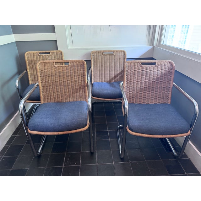 Set of 4 Attributed Chromcraft Cantilever Chairs With Wicker Backrest For Sale - Image 9 of 12