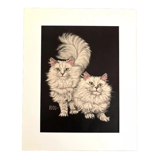 Vintage Midcentury Gladys Emerson Cook Angora or Persian Cat Print in 16x20 Mat For Sale