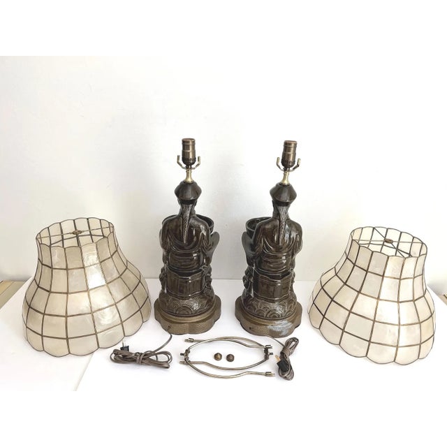 1960s Figurative Asian Planter Lamps & Shell Shades, Pair For Sale - Image 14 of 17