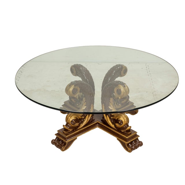 Hollywood Regency 1980s Italian Neoclassical Style Gilt Scroll Base Round Glass Coffee Table Hollywood Regency For Sale - Image 3 of 14