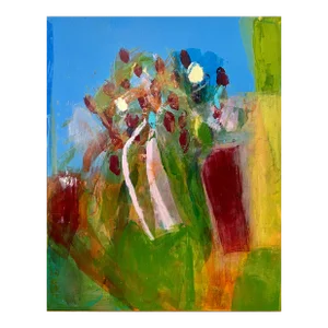 "Afternoon Delight #2" Original Blue, Red and Green Abstract Painting on Board