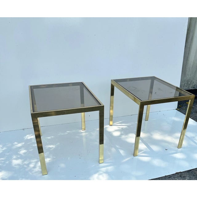 Milo Baughman Milo Baughman Style Side Brass and Smoke glass side table - A Pair For Sale - Image 4 of 10