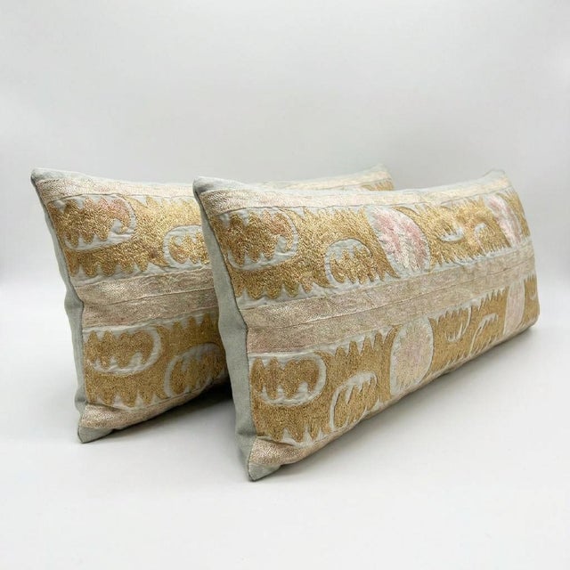 Mid-Century Modern Tashkent Suzani Bedding Pillow Cover 17'' X 48'' - Set of Two For Sale - Image 3 of 5