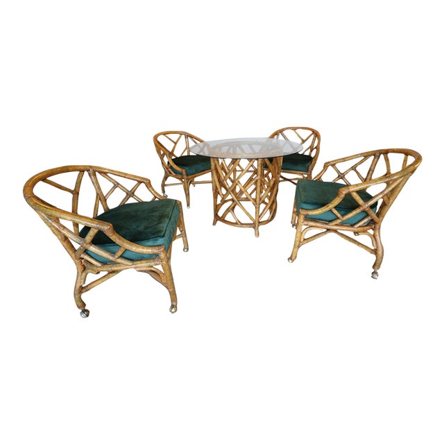 Mid-Century Hollywood Regency Ficks Reed Rattan Dining Set With Brass Casters For Sale