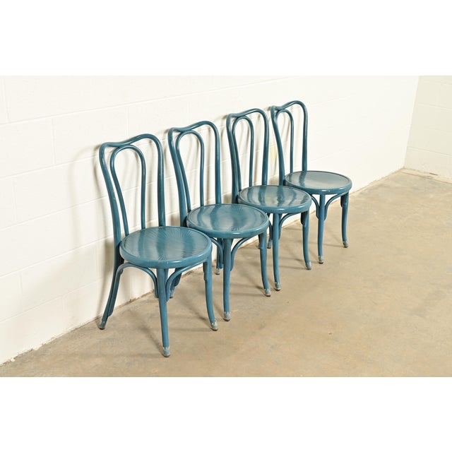 Jacob & Josef Kohn Jacob & Josef Kohn Antique Austrian Teal Lacquered Bentwood Bistro Chairs or Dining Chairs, Set of Four For Sale - Image 4 of 15