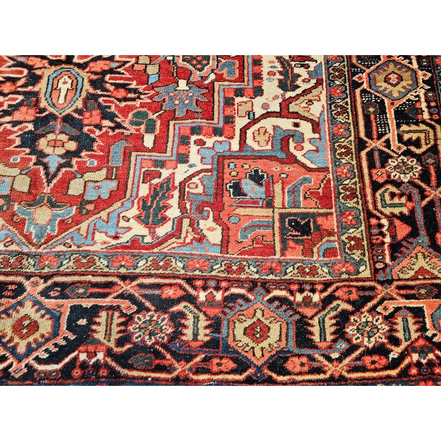 Vintage Persian Heriz Serapi Rug, Hand-Knotted Wool, Geometric Medallion Pattern, Brick-Red & Blue, 9x12 For Sale - Image 11 of 15