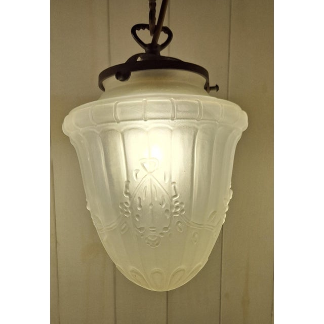 Metal Antique Ceiling Lamps on Patinated Brass Mounts and Frosted, Teardrop-Shaped Glass Shades, 1900s, Set of 2 For Sale - Image 7 of 9