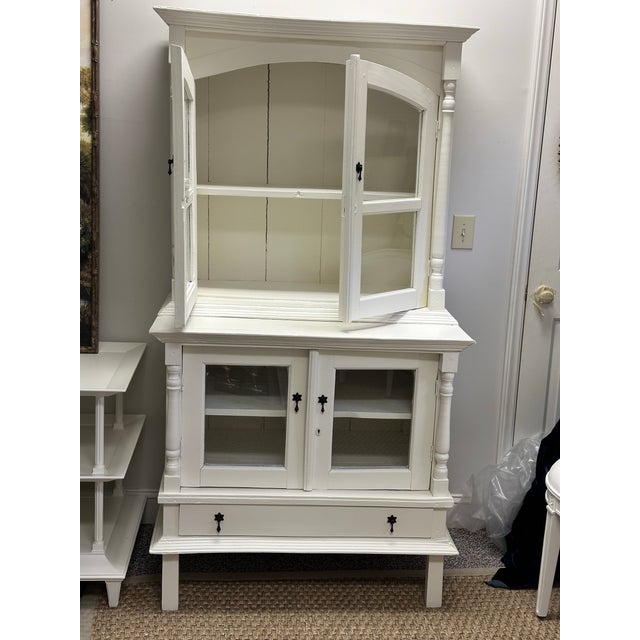 Farmhouse Vintage White Painted Hutch Cabinet With Glass Doors For Sale - Image 3 of 12