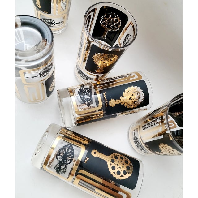 Mid-Century Black & Gold Cocktail Tumblers With Trivets- Set of 6 For Sale - Image 11 of 12