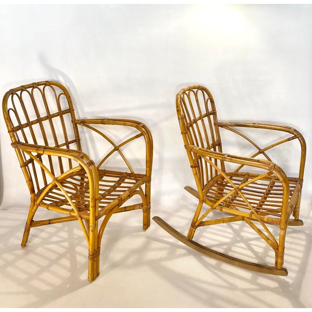 Franco Albini 1950s Mid Century Wicker & Rattan 3 Piece: Settee, Arm Chair & Rocking Chair. Styled After Franco Albini For Sale - Image 4 of 12