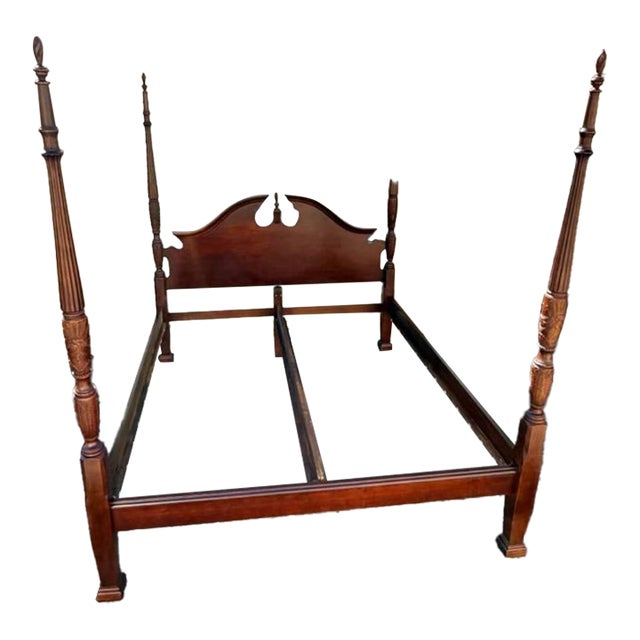 Vintage George Style Cherry Rice Carved Four Poster Cali King Bed Frame. For Sale