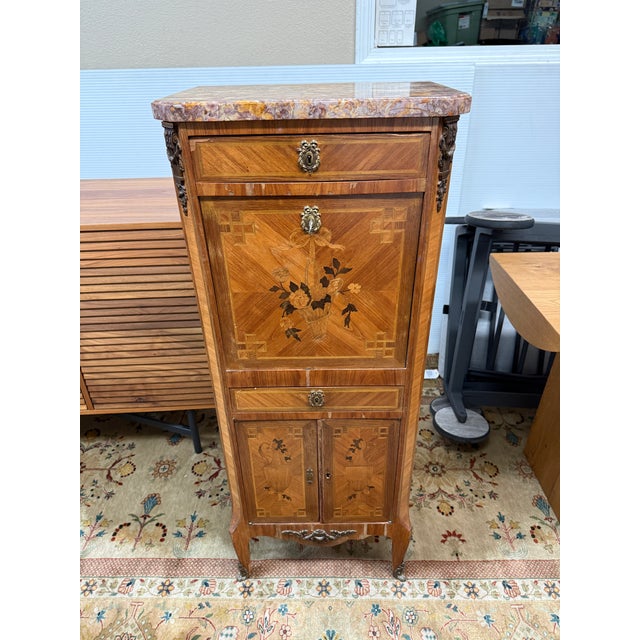 Louis XVI Style Escritoire With Marquetry + Marble, 19th Century For Sale - Image 12 of 12