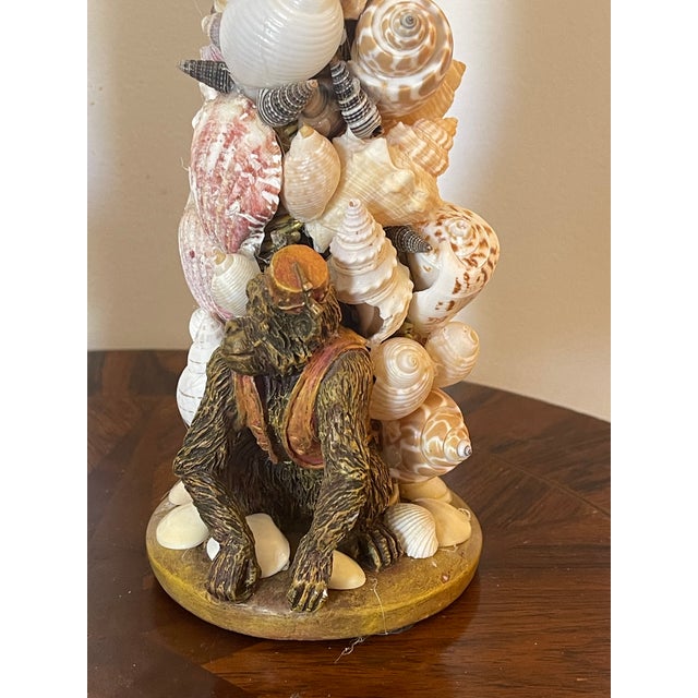 Whimsical Pair Sea Shell Encrusted Candlesticks With Shell Globes and Monkeys Figure For Sale - Image 4 of 7