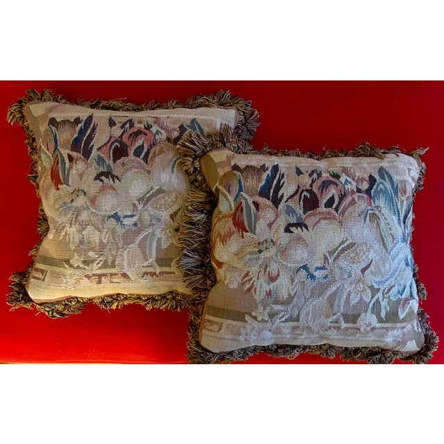 19th Century Antique 19th Century French Aubusson Tapestry Pillows With Passementerie Fringe Trim - A Pair For Sale - Image 5 of 12