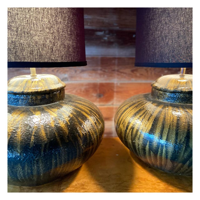 Late 20th Century Black + Gold Ceramic Table Lamps - a Pair For Sale - Image 4 of 12