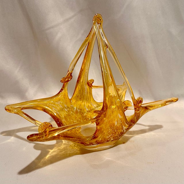 Vintage Murano Amber With Gold Fleck Decorative Art Glass Basket Bowl For Sale In Detroit - Image 6 of 7