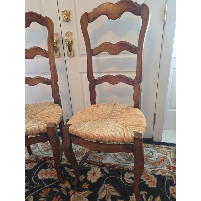 French Provincial 2 Vintage French Provincial Ladder Back Walnut Rush Seat Chairs For Sale - Image 3 of 13