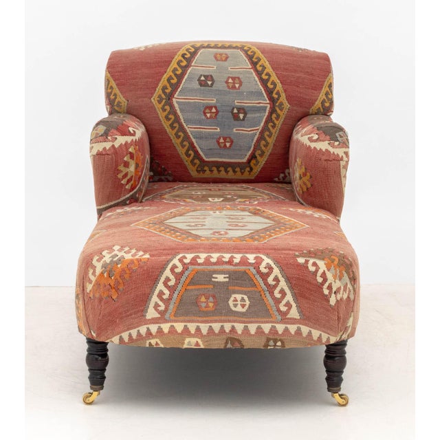 George Smith Kilim Upholstered Club Armchair Chaise Longue. 34" H x 70" L x 32" W; seat 15" H. Provenance: From a Forest...