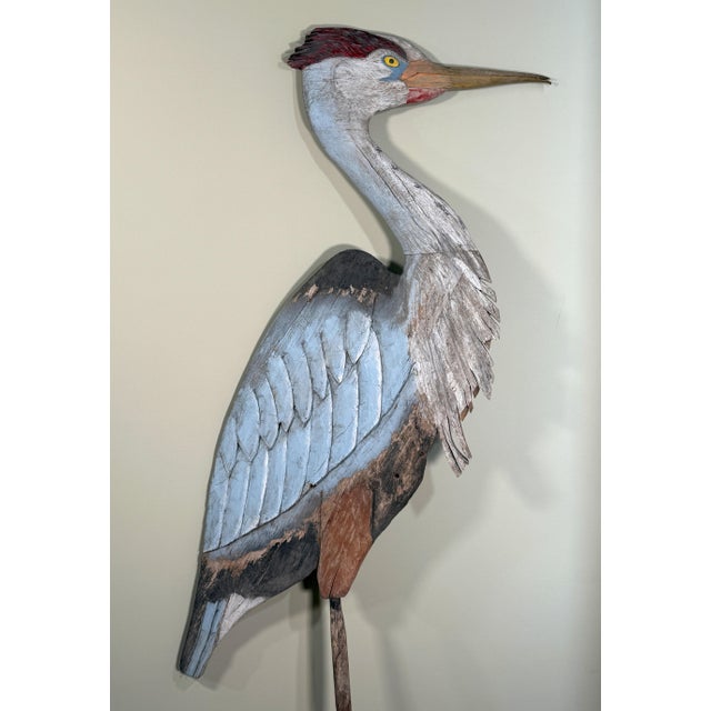 Wood Monumental Folk Art Hand Carved & Painted Wood Blue Heron Garden Sculpture For Sale - Image 7 of 12